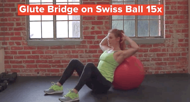 Make sure your torso is stabilized against the Swiss Ball. Then while engaging your glutes and core, press into your heels and raise your hips until your knees and shoulders are aligned. Release and repeat.