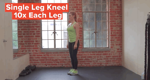 Tightening your glutes and core, step back lowering your leg to the ground and lightly touch your knee to the floor so it's in line with your planted leg's heel. Your planted leg should be parallel with the floor. Then come back to standing position and repeat doing 10 on one side and 10 on the other.