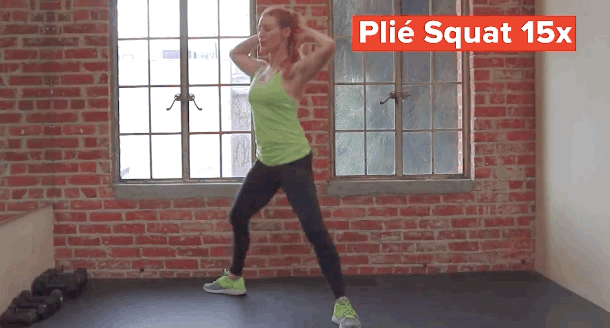 Stand with your legs a little wider than shoulder-width apart and make sure your toes are facing outward. Then squat until your thighs are parallel with the floor. Come back to standing position and repeat. Keep your back straight during the entire move. Make sure to press your knees outward so that they stay in line with your toes.