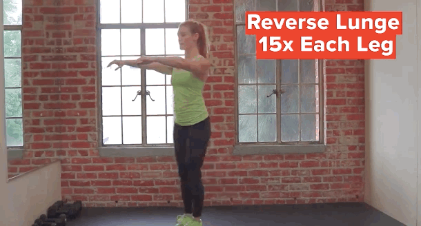 Take a large step back with your left foot and use your right leg to lower you into a lunge. Allow your back knee to lightly touch the floor and push through your front heel as you stand up. Keep your chest up during the entire move. Repeat by alternating on each side.