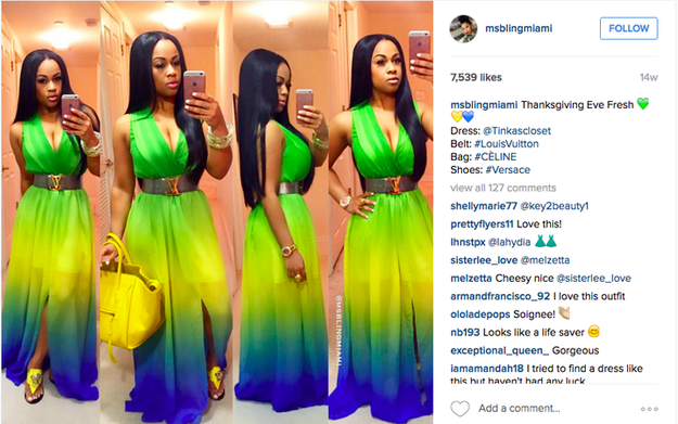 Aquí está la publicación en Instagram de @MsBlingMiami. Le dijo a BuzzFeed News que el vestido cuesta $92 en una tienda en Florida.