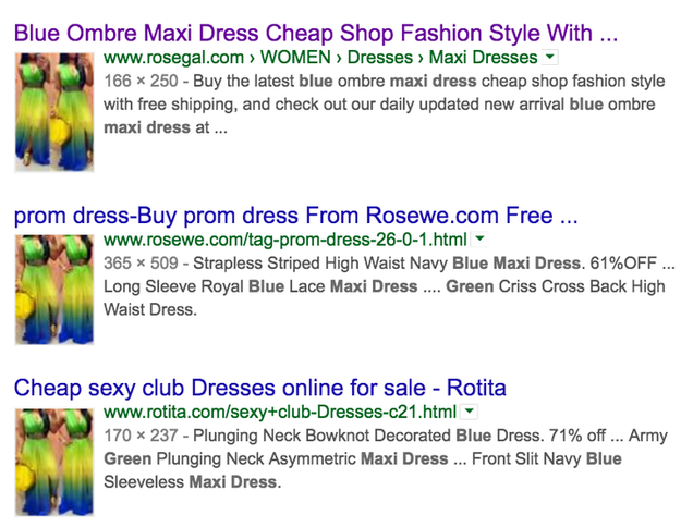 Una búsqueda de imágenes en Google muestra que muchos sitios chinos de indumentaria — incluso aquellos que aparentemente no están vinculados a Global Egrow — usan las mismas imágenes para atraer clientes.