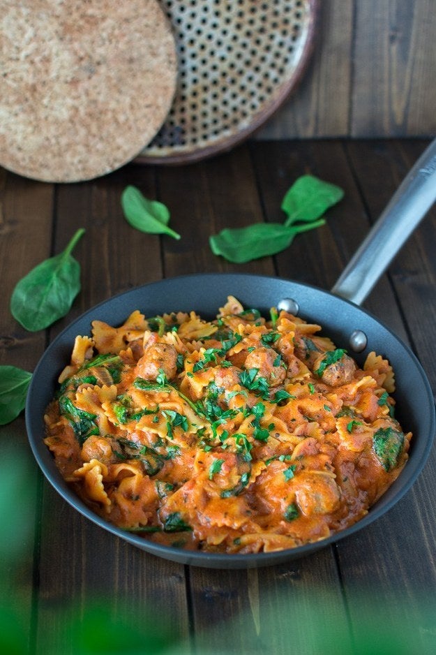 Mix it together with mini Italian sausage meatballs and basil shreds.
