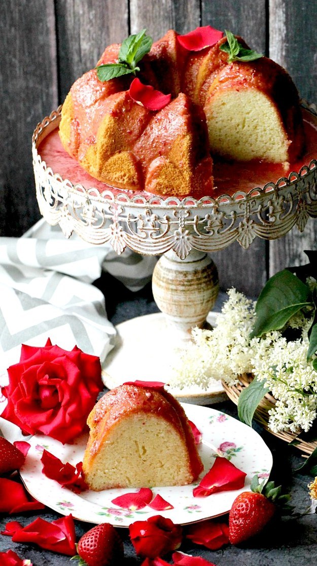 Rosewater Chiffon Cake With Fresh Strawberry Glaze