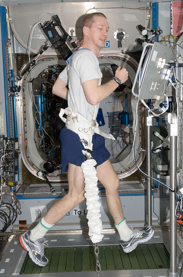Since the ISS is in orbit, there's no sensation of gravity, so Peake has to have elasticated straps over his shoulders holding him on to the treadmill. That, apparently, is the most uncomfortable bit. He told the ESA blog: "I have to wear a harness system that's a bit similar to a rucksack. It has a waistbelt and shoulder straps. "That has to provide quite a bit of downforce to get my body onto the treadmill, so, after about 40 minutes, that gets very uncomfortable. I don't think I'll be setting any personal bests. I've set myself a goal of anywhere between 3:30 to 4 hours."