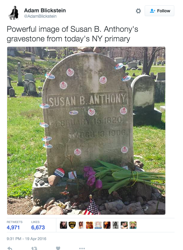 And in honor of women's suffrage pioneer Susan B. Anthony, people took their "I voted" stickers and placed them on Anthony's grave that's currently located in Rochester, NY.