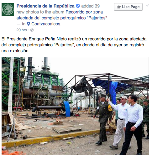 La Presidencia de la República subió a su página de Facebook un álbum titulado "Recorrido por zona afectada del complejo petroquímico "Pajaritos" en Coatzacoalcos."