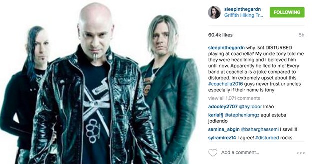 He tried texting and calling her contacts, but got no responses. So he tried something a little different: He posted a picture of the band DISTURBED.