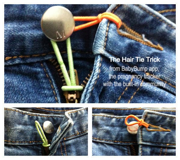 Consigue un uso a más largo plazo de los jeans que ya tienes colocando una liga para el cabello o una liga de hule a través del ojal y sujetándola con el botón. También funciona muy bien como extensor de cierres.