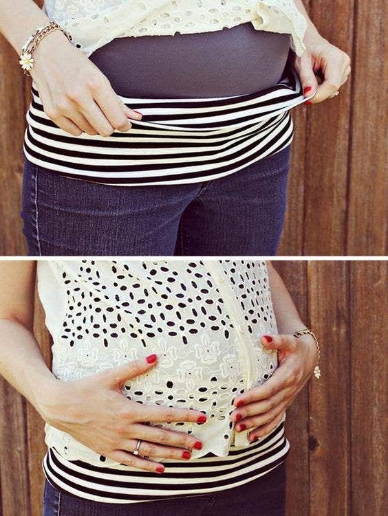 Sigue este tutorial de A Beautiful Mess para hacer el tuyo. O puedes ir a comprar pantalones de maternidad.