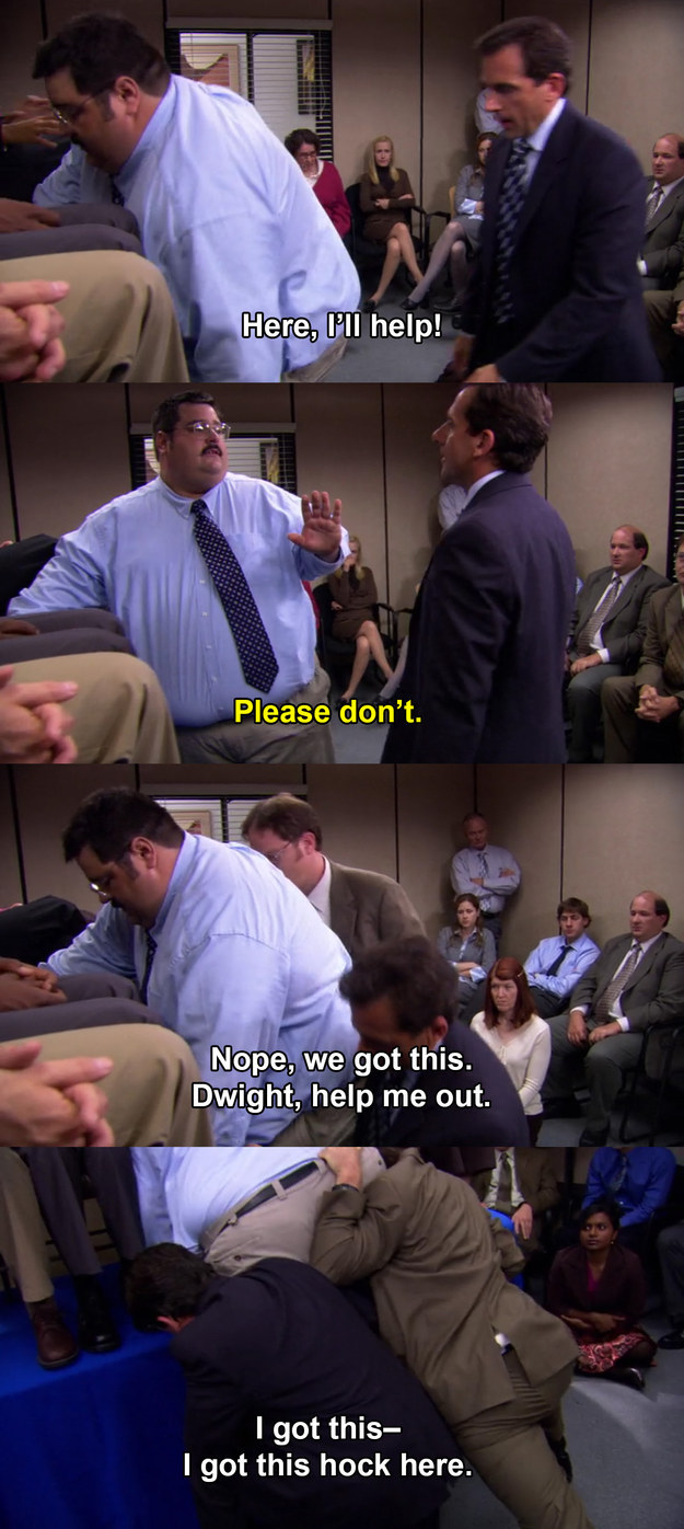 When Michael tries to help the new guy onto the table.