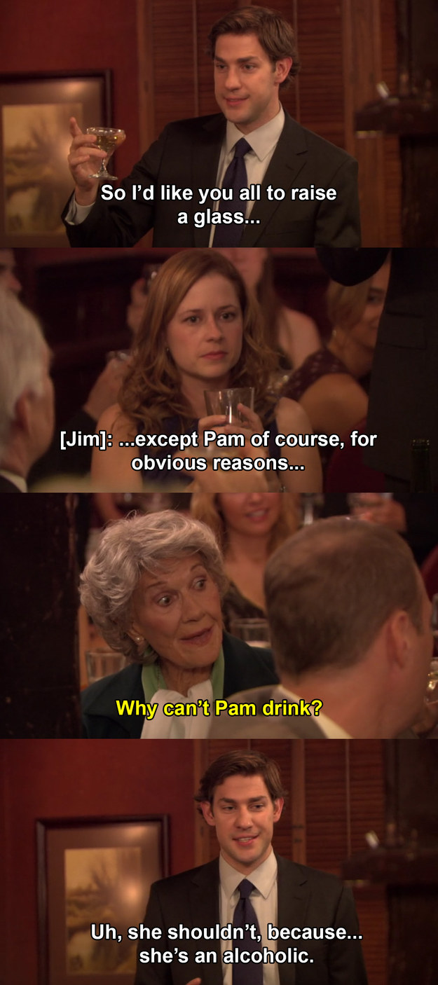 When Jim accidentally reveals Pam's pregnancy at their rehearsal dinner.