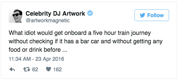 Meet DJ Artwork, a U.K. dubstep producer who recently tweeted about a crisis he said he was facing: a five-hour train ride, and not a snack in sight.