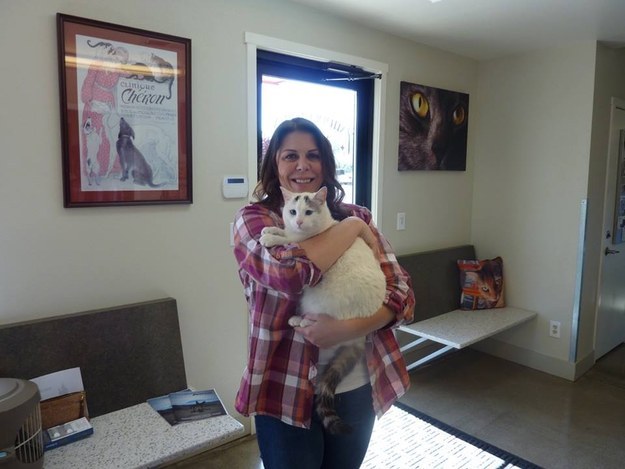 A woman has been reunited with her cat after the pet went missing during a wildfire in Northern California last year.