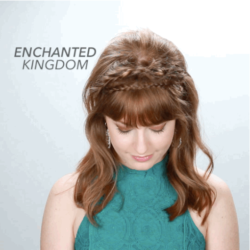 Take a section from one side of your head and braid. Take another section next to it and fishtail braid it. Move to the other side of the head and take sections and braid. (We did a regular braid, fishtail, five-strand braid, and a rope braid.) Take each braid and pin to the other side of the head. Curl remaining hair with a one-inch curling iron leaving the ends out for a wavy finish.