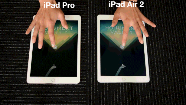 I'm pretty sure 90% of humans have no idea WTF most processing lingo means, so I will do my best to elaborate. Like the bigger Pro, the 9-inch iPad Pro has an "A9X" chip with 64-bit desktop-class architecture. In practice, the iPad Air 2, which has an "A8X" chip, is just a tad slower at everyday iPad tasks: powering on, opening apps, loading games, focusing with its camera, and unlocking the device with the fingerprint-sensing Touch ID home button. The iPad Air 2 is a perfectly capable machine, but the iPad Pro's faster processor can make all the difference when you're trying to get work done.