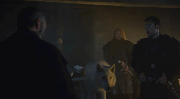 First up we get this shot of Davos talking to some brothers of the Night's Watch, as a very much alive Ghost stands next to the very much dead body of his owner.