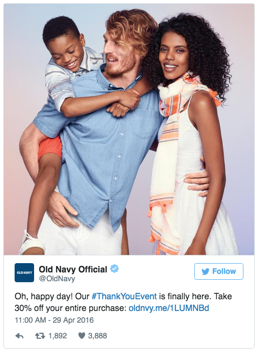 On April 29, Old Navy tweeted this ad featuring an interracial family: