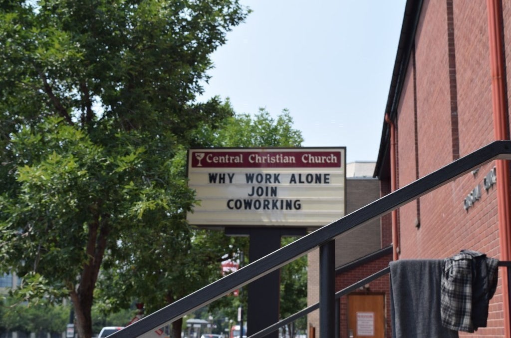 A sign outside the Church & State startup incubator and coworking space.