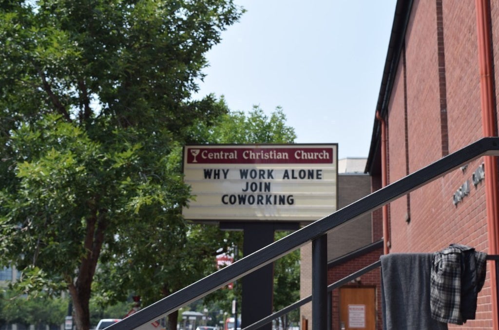 A sign outside the Church &amp; State startup incubator and coworking space.