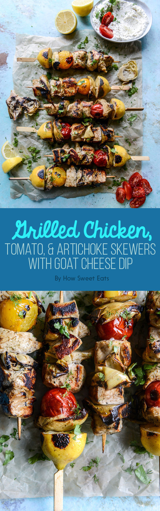Grilled Chicken, Tomato, and Artichoke Skewers with Goat Cheese Dip