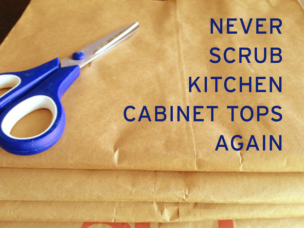 Dust and wipe down the top of your counters and fridge, then lay down paper grocery bags to catch dust in the future.