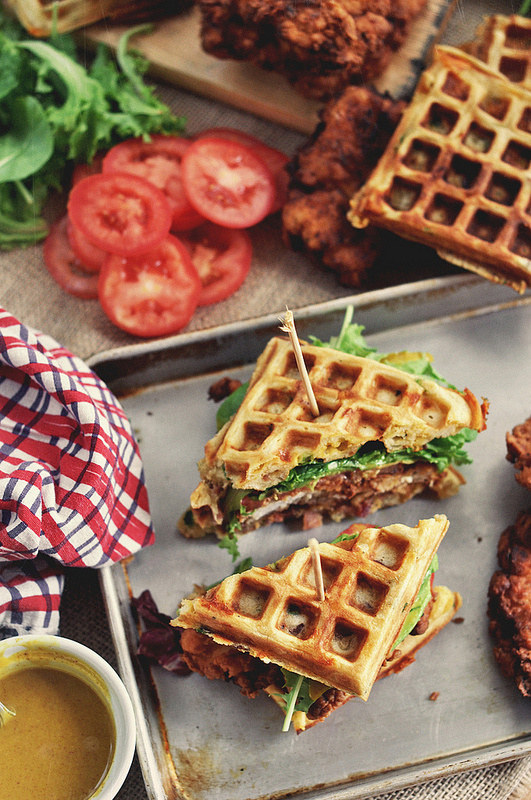 A sandoozle with fry-fry-chicky-chick and waffles?Parks and Perfection.Get the recipe here!