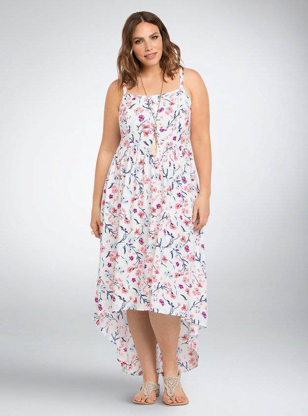 This floral high-low dress that has little buttons on the front.