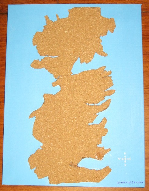 You will need:16 x 20 Canvas – $2 at the Dollar StoreCork Sheets – $2 at the Dollar StoreAcrylic PaintScissorsCraft GlueWesteros Templates (available here and here)Instructions:Paint your canvas.While the paint is drying, print out the templates and use pushpins to affix them to the cork sheet.Use sharp scissors to start cutting.Repeat with the second cork sheet and the second part of the map.Line up both parts of the map and use craft glue to affix them to the dried canvas. Allow to dry overnight.Ta-daa, there's your map of Westeros.