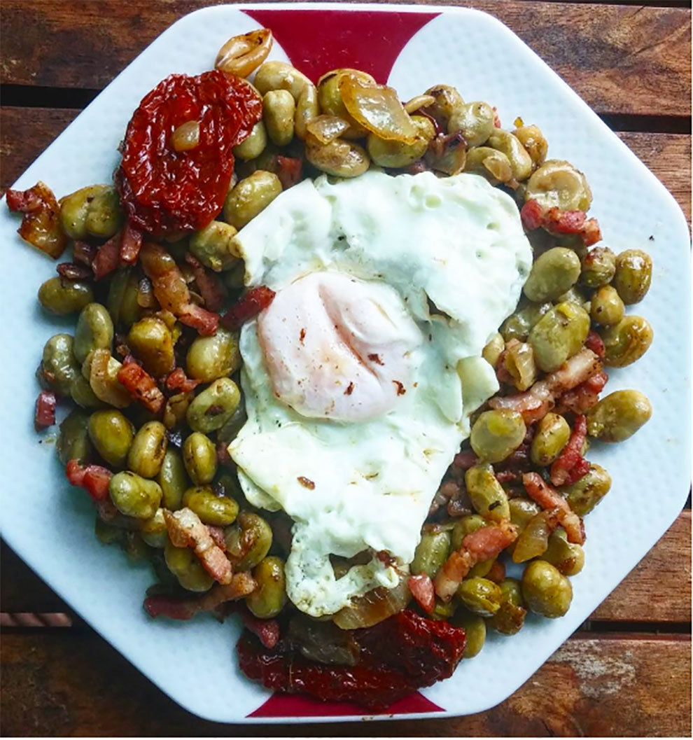 Vale, igual hay algún que otro ingrediente secundario, pero no es como para venirse arriba.Aquí tienes una receta para hacer habas con jamón con huevos fritos con cebolla.