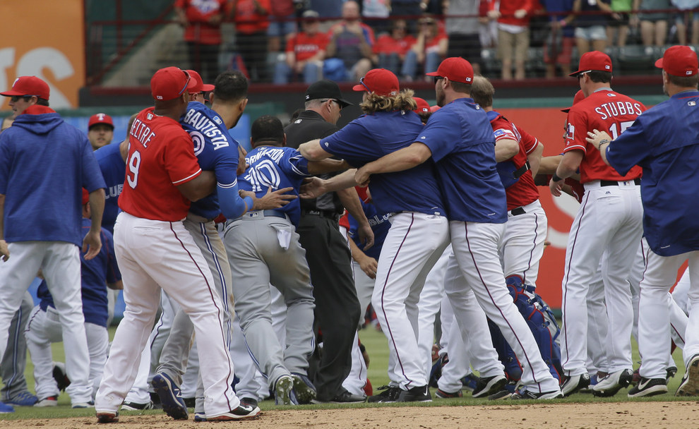 Bautista Slide Prompts Bench-Clearing Brawl - Blue Jays, Rangers