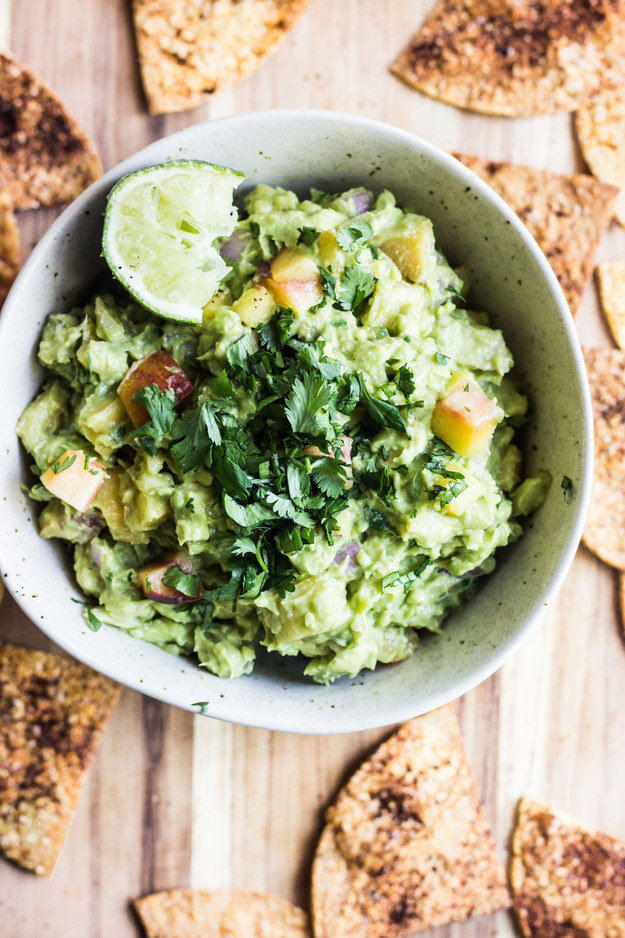 Charred Jalapeño and Peach Guacamole with Chili-Lime Tortilla Chips