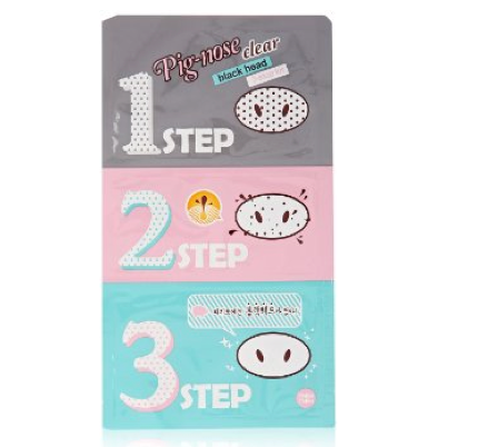 Holika Holika Pig-nose Clear Black Head 3-Step Kit opens pores, removes blackheads, and minimizes pores using three strips.