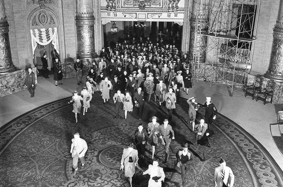 Crowds pouring in to the Roxy Theater, called the “Cathedral of the Motion Picture” by its founder.