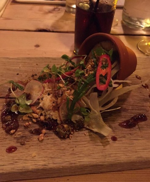 And that's still nothing compared to some of the travesties allowed to happen, like this flowerpot, artfully spilled across a wooden board that you can just tell is soaking up all the dressing. Dressing that someone probably worked hard on, at some point.