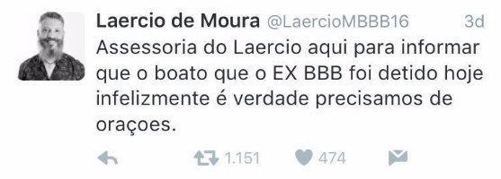Desde a prisão do ex-BBB Laércio de Moura, uma conta no Twitter que assina como sendo da assessoria dele tem chamado atenção por seus posts.