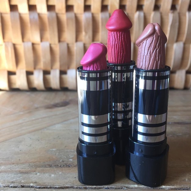 Their colors range from "creamy pinks" (ew) to "opal rouge," and each lipstick is "complete with a veiny shaft and perfect mushroom head," according to the product description.