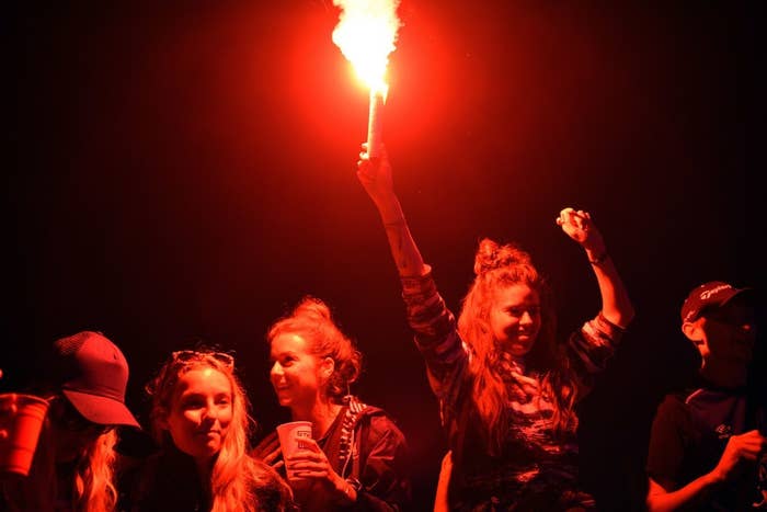Crowds watch the Chemical Brothers perform on the Other Stage at Glastonbury in 2015.