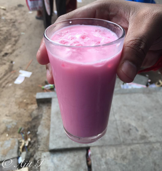 Chilled rose milk from Kalathy Cool Drinks Stall in Mylapore.