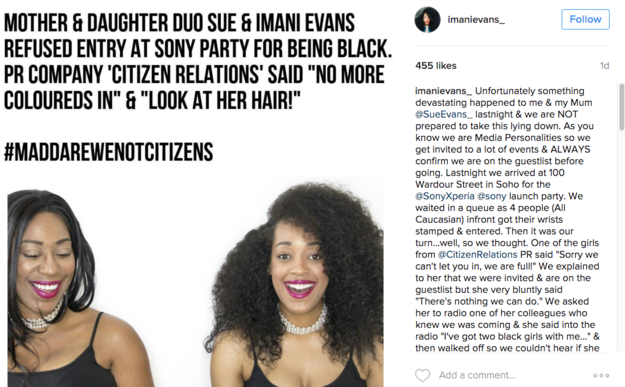 After she was turned away from the club, Imani posted about the incident on Instagram.