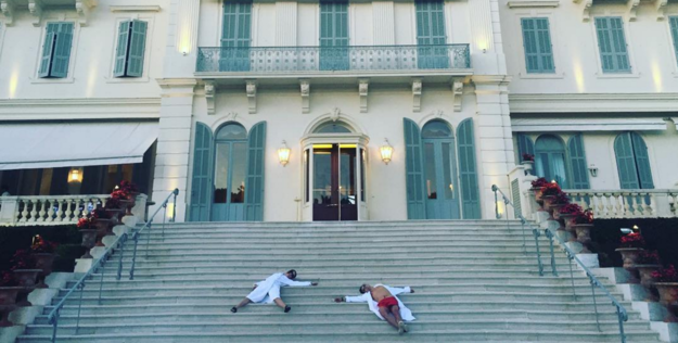 They're in Cannes for the film festival, and apparently fell down some stairs. Or just decided to pose that way. Whatever.