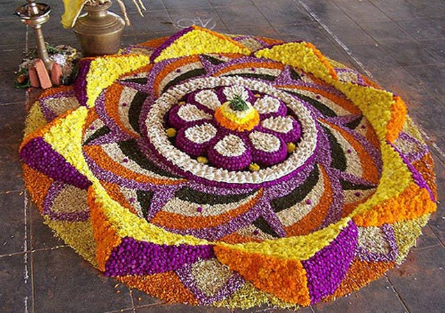 Onam is one of the popular festivals of Kerala is celebrated with joy and enthusiasm by people of all communities. According to a popular legend, the festival is celebrated to welcome King Mahabali, whose spirit is said to visit Kerala at the time of Onam. Intricately designed flower mats called, Pookalams are made in the front courtyard of the house to welcome King Mahabali.Onam is celebrated in Chingam, (August-September) and lasts for ten days. The tenth day, Thiruonam is marked by elaborate feasts, folk songs, elegant dances, energetic games, elephants, boats and flowers. Vallamkali, the enchanting Snake Boat Race, Folk performances like Kummatti kali and Pulikali add to the zest of celebrations.