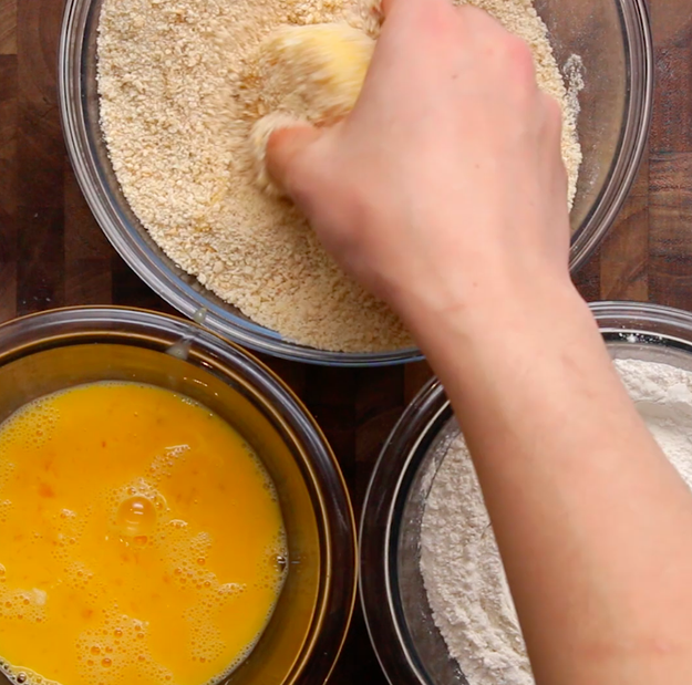 Give it a quick dredge in egg, bread crumbs, and flour: