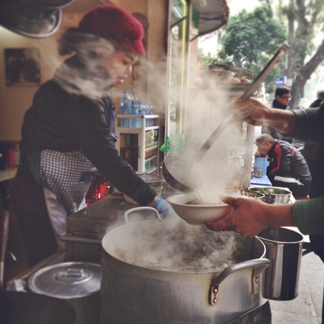 Phở served for breakfast in Hanoi.