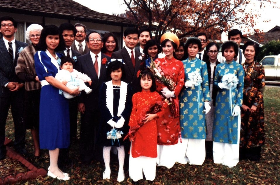 My parents, with family and friends in Stockton, on their wedding day in 1985.