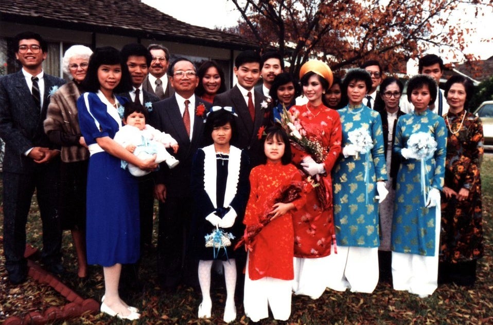 My parents, with family and friends in Stockton, on their wedding day in 1985.