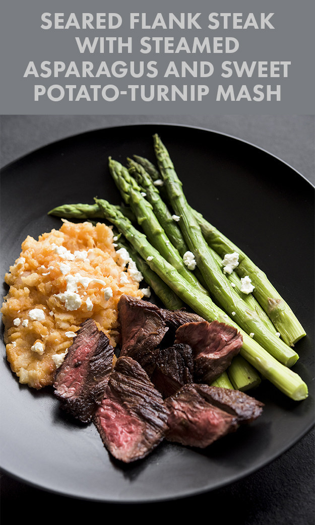 Seared Flank Steak With Steamed Asparagus and Turnip-Sweet Potato Mash