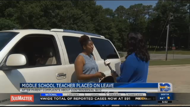 A middle school teacher was placed on administrative leave by Mobile Public Schools in Alabama after a mother discovered her son had allegedly been assigned a math quiz that references guns, drugs, and prostitution.