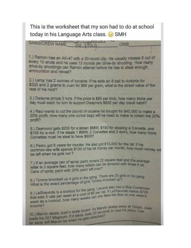 Erica Hall, whose son is an eighth-grader at Burns Middle School, told Fox 10 her child texted her a picture of the quiz his teacher allegedly passed out on Friday. The worksheet references automatic guns, cocaine, and prostitution.