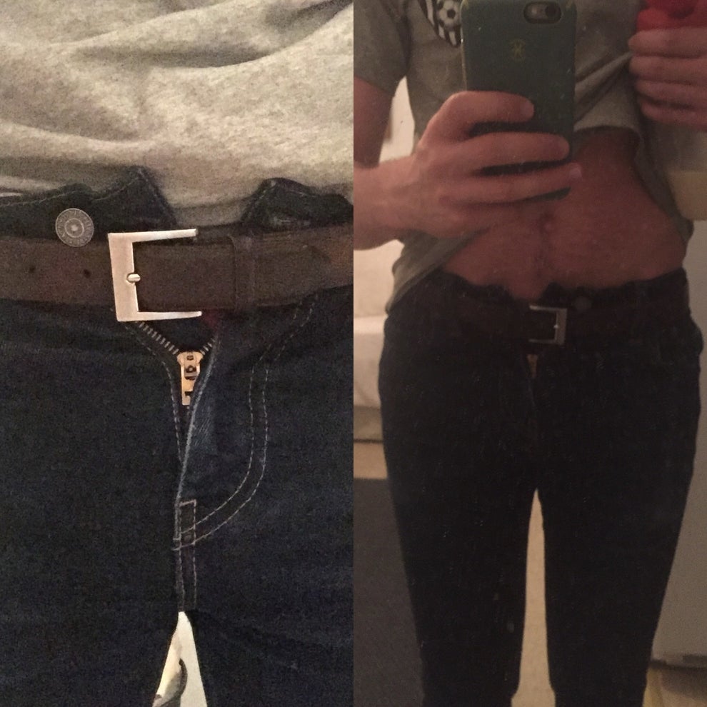 I couldn't button my pants anymore, and I was ecstatic. I knew I should just go out and buy new ones, but I wasn't even halfway done the project, and I didn't want to outgrow those pants too, so I relied on a belt and hoped for the best.